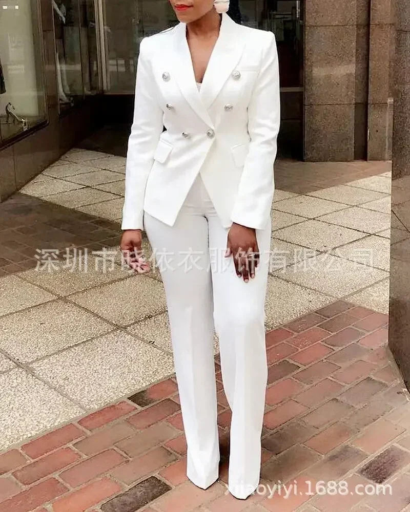 Women Pants Set Two Piece Sets Turn Down Collar White Blazer Elegant Coats Matching Sets Work High Waist Long Pants Suits