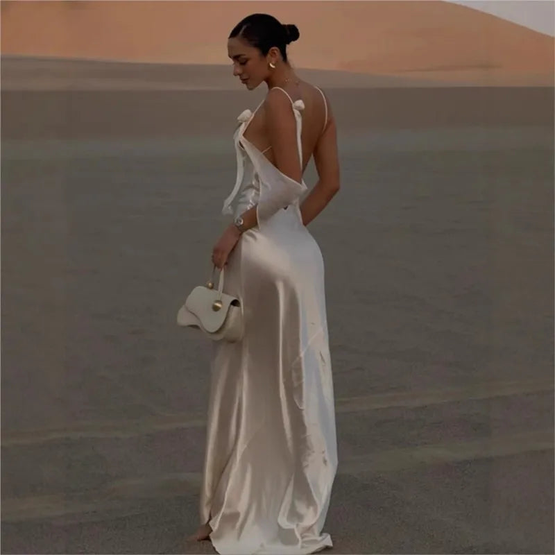 Sexy Ladies Lace Satin Dress Fashionable Elegant Backless Long Skirt 2025 New Party Evening Dress Dress Beach Vacation Style