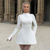 BKQU Elegant Solid Backless Mini Dress Women High Waist Fashion Long Sleeve Slim A-line Dresses 2024 Autumn Party Evening Dress