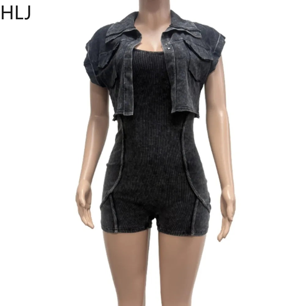 HLJ High Quality Women's Shorts Outfits Cotton Crop Jacket+Bodysuits 2 Piece Set Casual Vintage Two Piece Set Women's Spring New