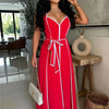 HLJ Elegant Stripe Patchwork Jumpsuits Women Halter Sleeveless Bow Belted Wide Legs Rompers Female Night Clubwear Overalls New