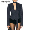 TWOTWINSTYLE Colorblock Striped Slimming Blazers For Women V Neck Long Sleeve Tunic Temperament Coats Female Fashion Clothes New