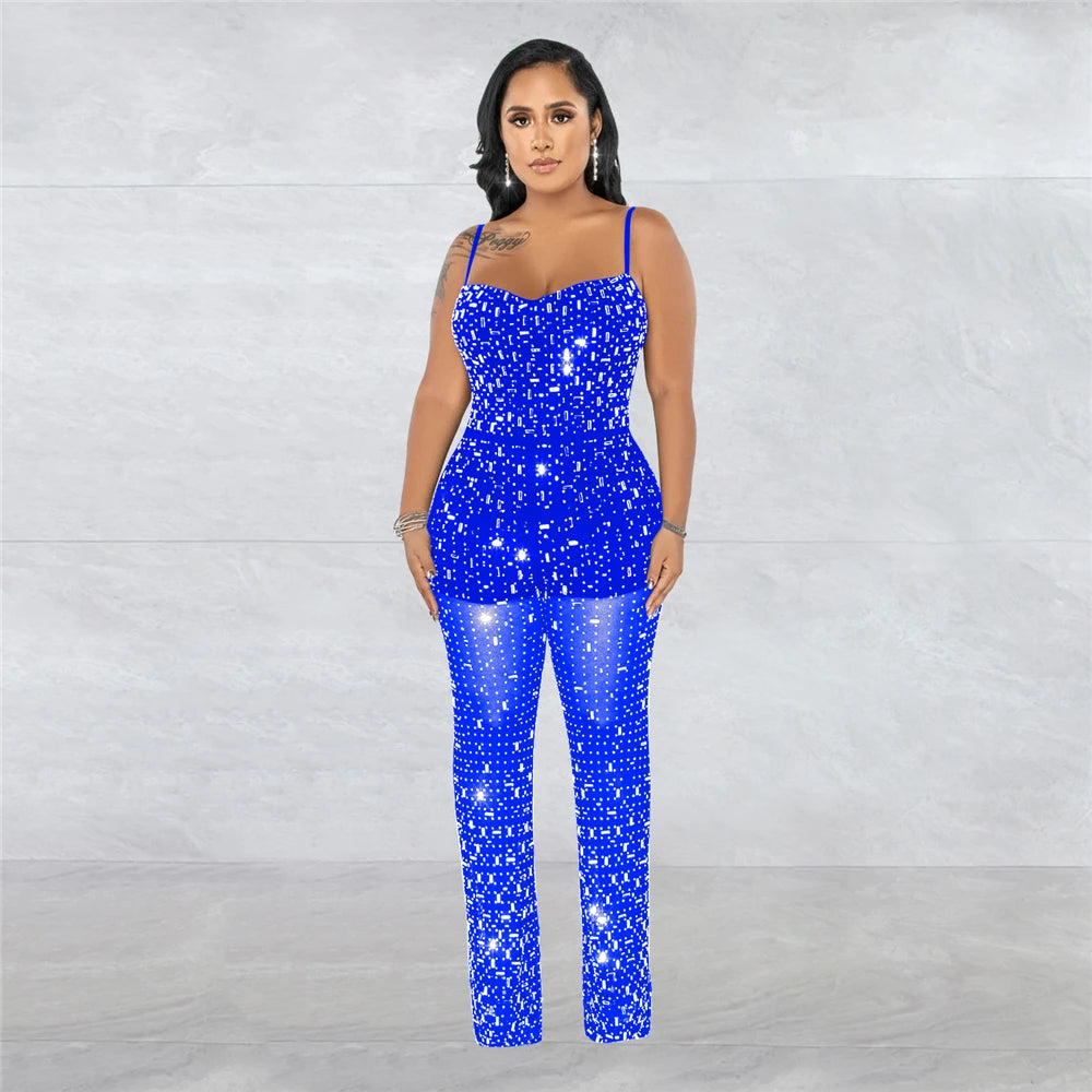 HBLL Women Club Outfits Spaghetti Strap Bodycon Jumpsuits Sparkly Rhinestone Romper Birthday Night Out One Piece Clubwear