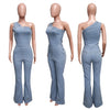 Flare Denim Pants Full Length Women Jeans One Piece Overalls Spliced Solid Jumpsuits Loose Pockets High Waist Basics Washed
