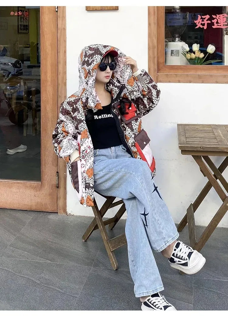 2023 European Station Winter New Down Jacket Women's Warm Fashion Short Color Patchwork Graffiti thick White Duck Down Coa