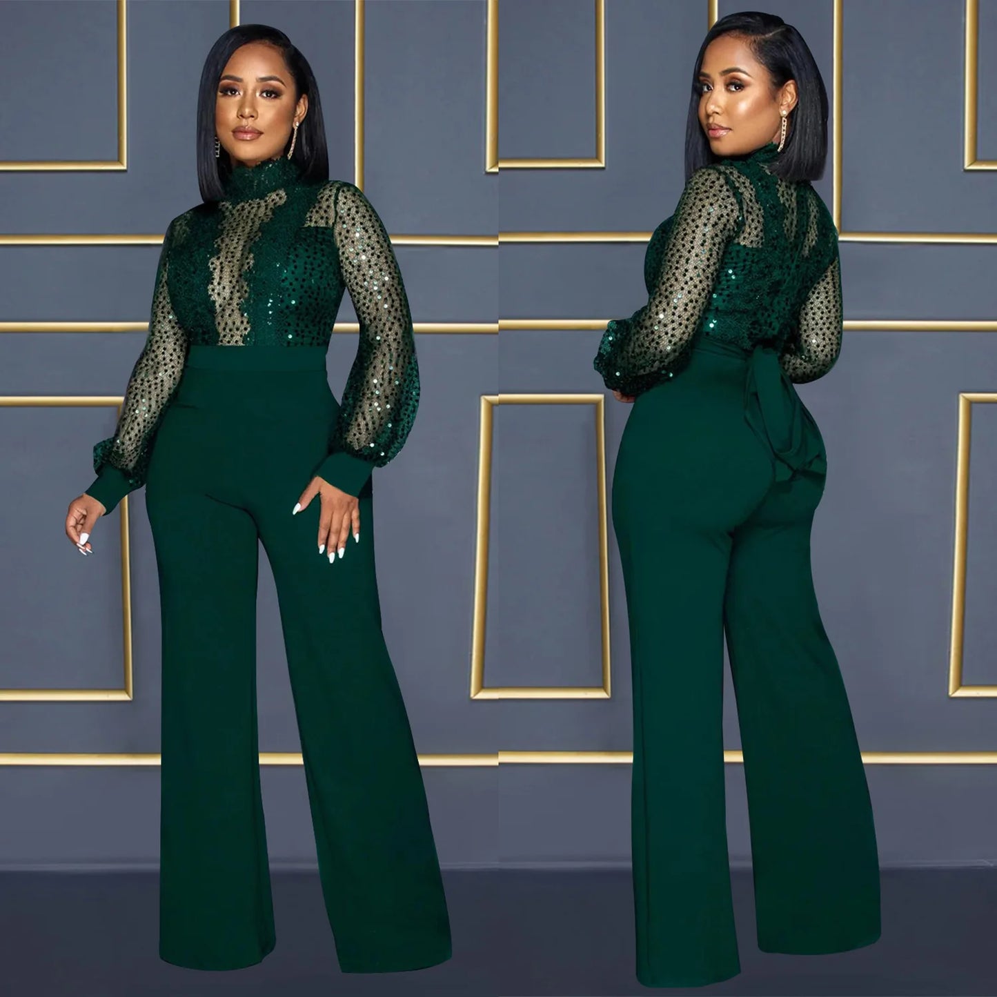 Fashion Women's Clothing Hollow Long-sleeved Loose Wide Leg Jumpsuits Overall Pants Solid Color Sexy Lace