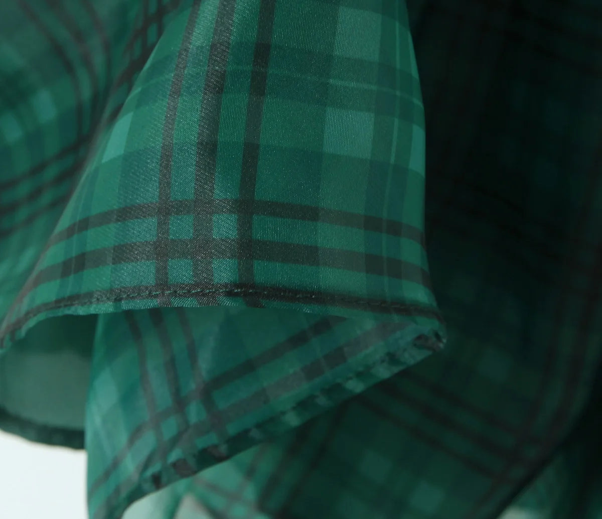 2024 Sweet Green Gingham Plaid Organza Ball Gown Dress Puff Sleeve Retro Women Swing Short Princess Robe Fairy Cake Vestidos