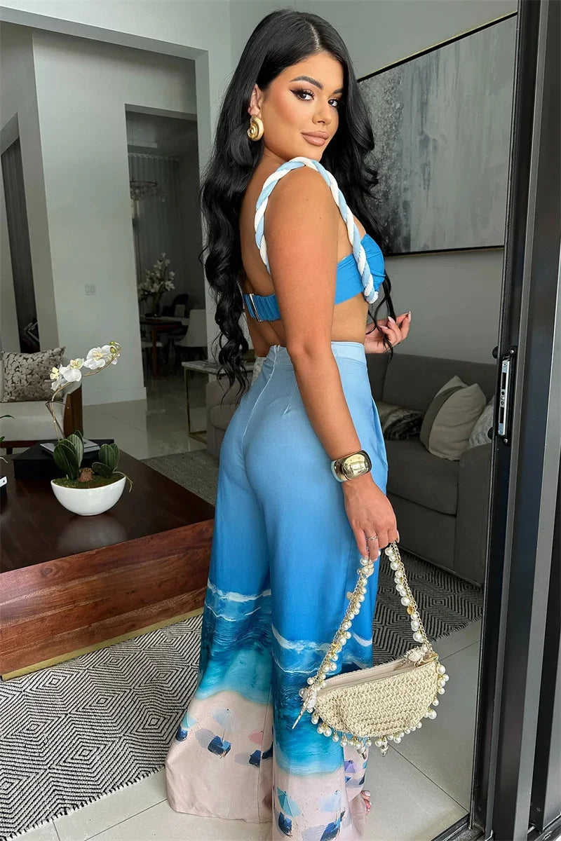 Sexy Nightclub Outfits for Women 2 Piece Set Birthday Vacation Bra Crop Top and Print Wide Leg Pants Matching Sets Beach Wear