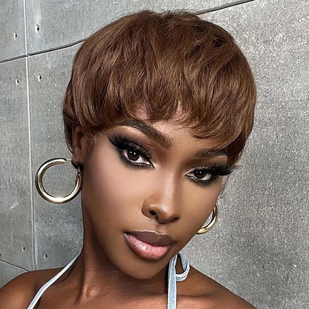 Chocolate Brown Short Pixie Cut Wig Human Hair For Black Women Machine Made Wigs With Bangs Brown Pixi Short Human Hair Wigs