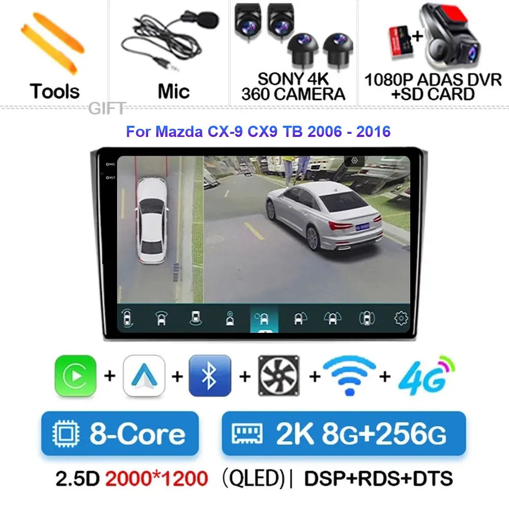 Android 14 Carplay Auto For Mazda CX9 CX-9 TB 2006 2007 2008 2009 2010 2016 Car Radio Multimedia Player Video Stereo WIFI+4G DSP