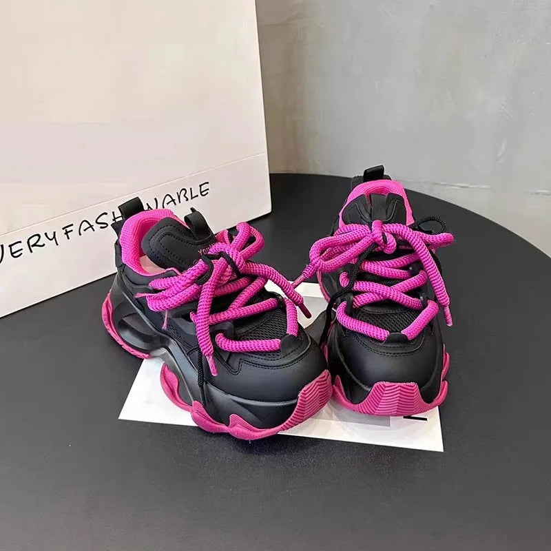 Black Platform Women's Sneakers 2024 Spring Lace-Up Thick Bottom Vulcanize Shoes Woman Pu Leather Breathable Sports Shoes Ladies