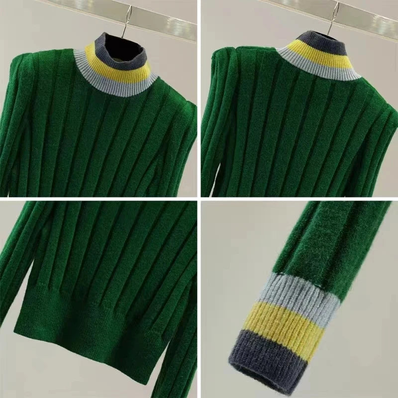 2024 Autumn Winter Turtleneck Striped Sweater Women Korean Style Womens Clothes Long Sleeve Knitted Crop Top Pullover Pull Femme