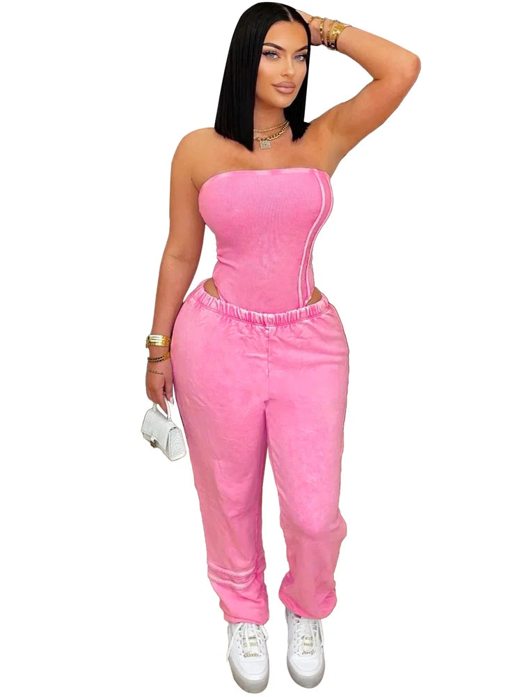 Sexy Tracksuit Cotton Washed Strapless Bodysuit and Jogger Pants Set 2025 Trendy Women Clothes Jogging Suit 2 pcs Two Piece Sets