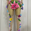 2025Sparkly Rhinestones 3D Flower Nude Mesh Transparent Jumpsut Women Evening Party Birthday Nightclub Performance Stage Costume