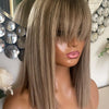 Ash Blonde Balayage Ombré Roots Cute Bangs Wig 100% Premium Virgin Human Hair HD Lace Front Wig 150 Density Straight Bob Wig
