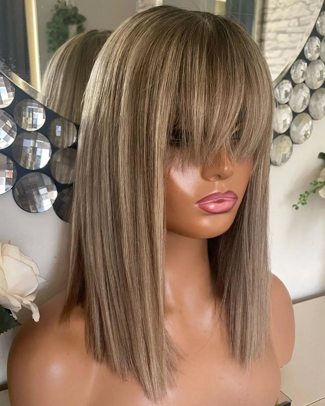 Ash Blonde Balayage Ombré Roots Cute Bangs Wig 100% Premium Virgin Human Hair HD Lace Front Wig 150 Density Straight Bob Wig