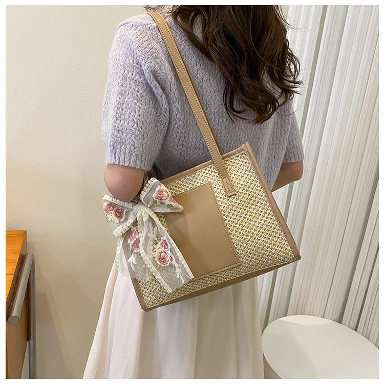 Trendy Lightweight Casual Bow Decor Straw Bag Hollow Out Knitted Flower Tote Bag Large Capacity Shoulder Bag For Teen Girl Women
