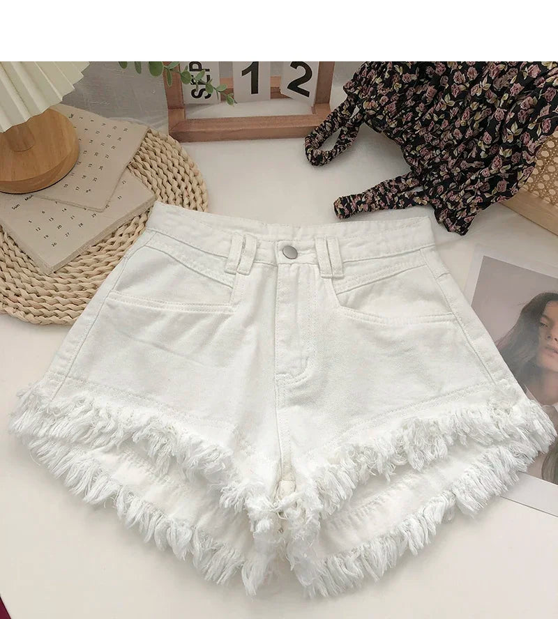 ITOOLIN Women Vintage Tassels Denim Shorts Button Loose High Waist A-line Jean Shorts Casual Women Office Trousers Streetwear