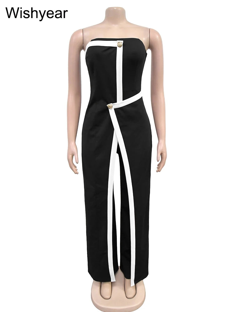 Wishyear Irregular Off Shoulder Sleeveless Strapless Jumpsuits Women Button Patchwork Wide Leg Pants Evening One Piece Outfits