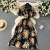 2024 Summer Women Floral Pleated Dress Vintage Turn-Down Collar Short Sleeve Single Breasted Printed Draped Midi Vestidos New