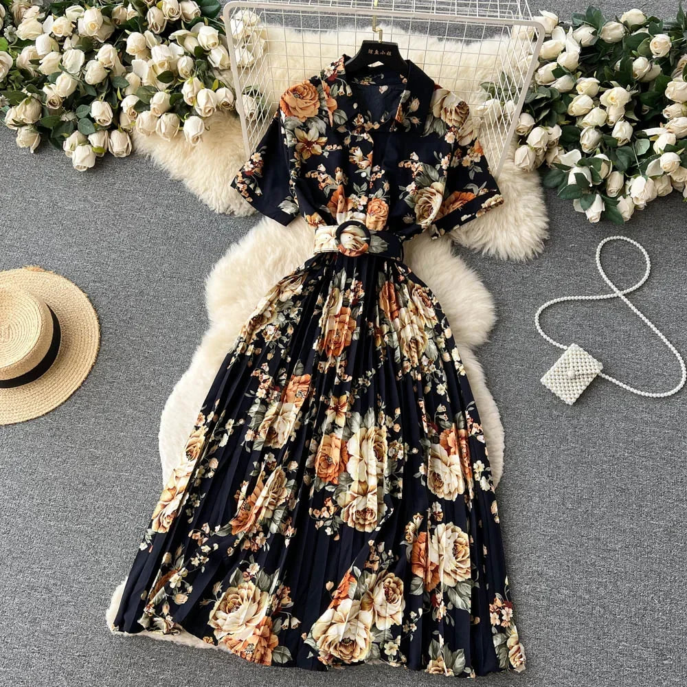 2024 Summer Women Floral Pleated Dress Vintage Turn-Down Collar Short Sleeve Single Breasted Printed Draped Midi Vestidos New