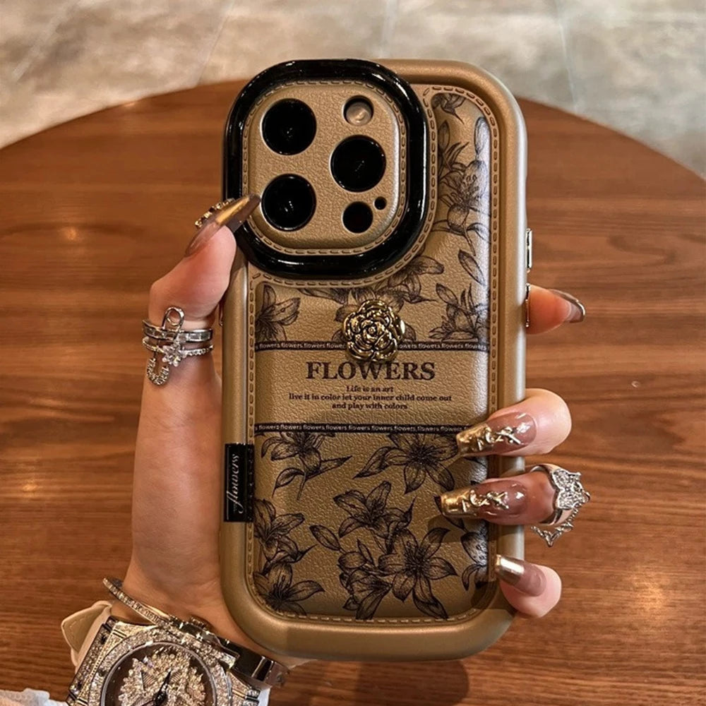 High end style hand drawn black camellia logo phone case iPhone 15 new 14plus silicone anti drop 12 fashion 13 promax beautiful