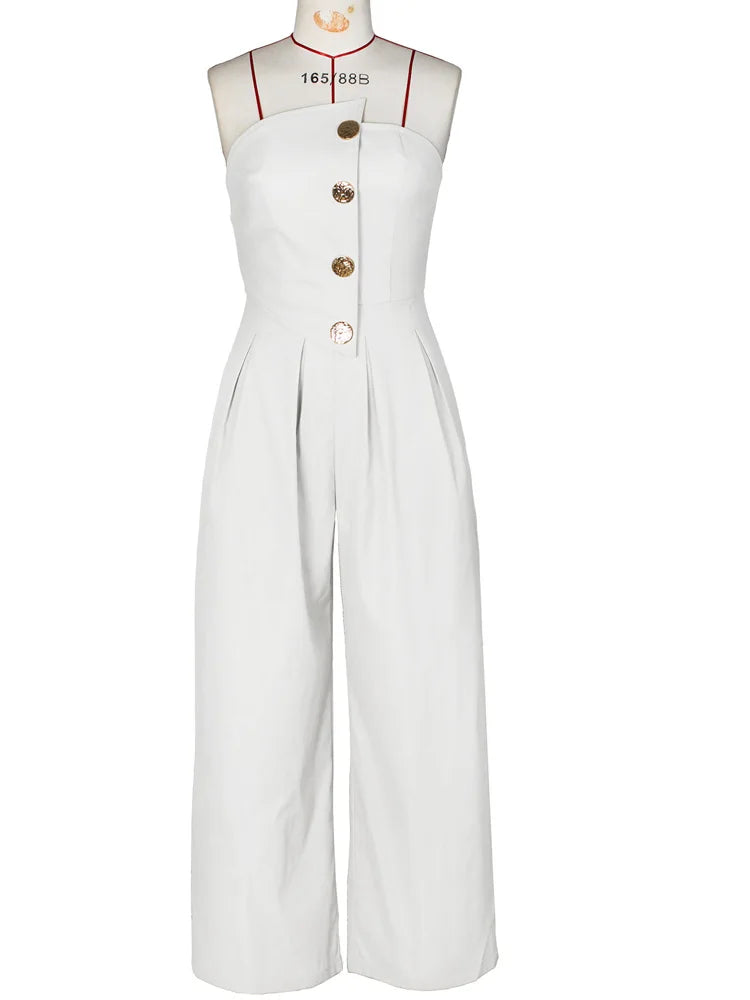 Beyprern New Chic Button Details Palazzo Jumpsuit One Piece Outfits Womens Ruched Strapless Wide Legs Jumpsuits Romper Clubwear