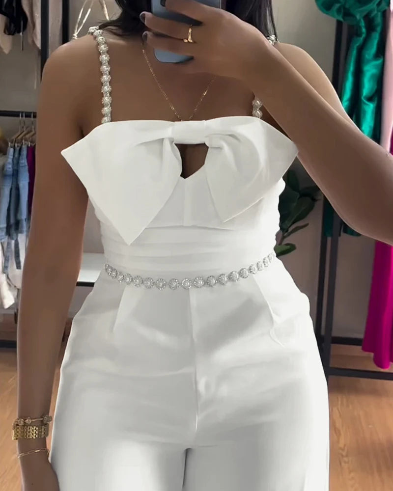 Fashion 2025 Summer Casual Sexy Elegant Bandeau Beaded Spaghetti Strap Bowknot Design Ruched Slim Fit Jumpsuit Elegant Overall