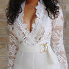 Sexy Deep V-neck Solid Jumpsuit Elegant Office Lady Hollow Lace Long Sleeved Slim Belt Jumpsuit Autumn Commuting Women Clothing