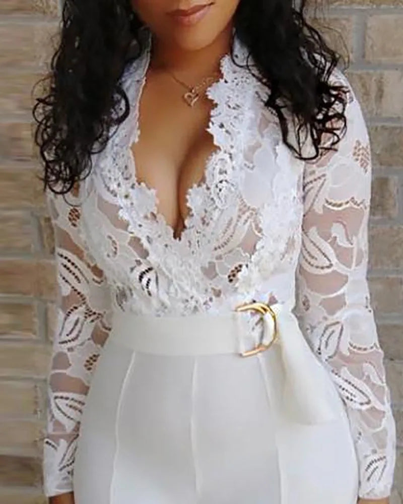 Sexy Deep V-neck Solid Jumpsuit Elegant Office Lady Hollow Lace Long Sleeved Slim Belt Jumpsuit Autumn Commuting Women Clothing