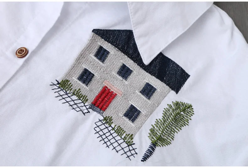 Women Cotton Embroidery Loose Long White Shirts 2025 Spring Autumn New Casual Office Lady Blouse Female Top Loose shirt
