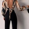 Spring Women Sexy Backless Hollow Print Shirts Tops 2024 Casual Stand Long Sleeve Office Lady Blouses Fashion Party Crop Top