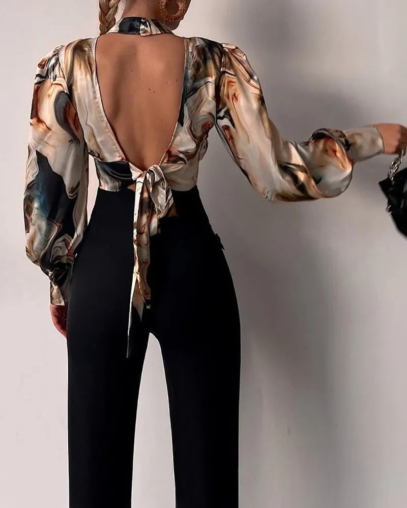 Spring Women Sexy Backless Hollow Print Shirts Tops 2024 Casual Stand Long Sleeve Office Lady Blouses Fashion Party Crop Top
