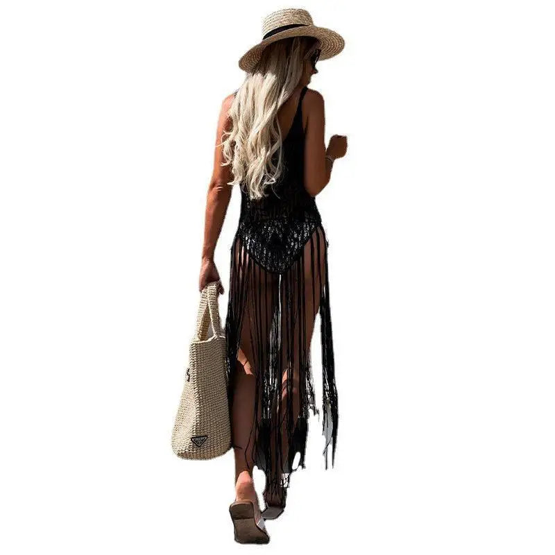 2024 Beach Cover Ups for Swimwear Women Sexy Hand Hook Hollow Out Sunscreen Shirt with Long Tassel Beach Cover