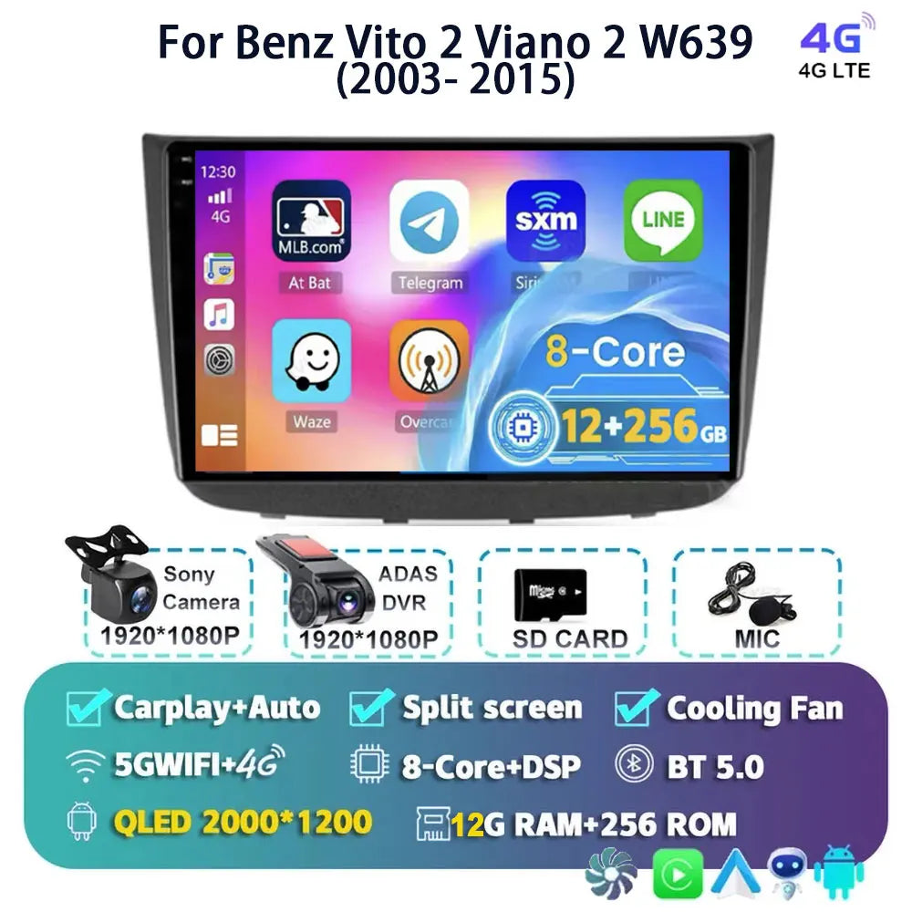 Android 14 For Benz Vito 2 Viano 2 W639 2003- 2015 2K QLED Android Car Radio Multimedia Video Player BT Stereo CarPlay Head Unit
