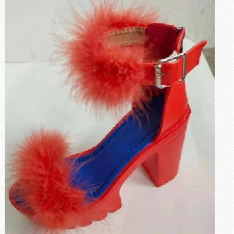 New Women's Summer Sandals Coarse-heeled Fur Rubber Sandals Shoes Women Platform Heels Mary Janes Shoes High Heels Leather Shoes