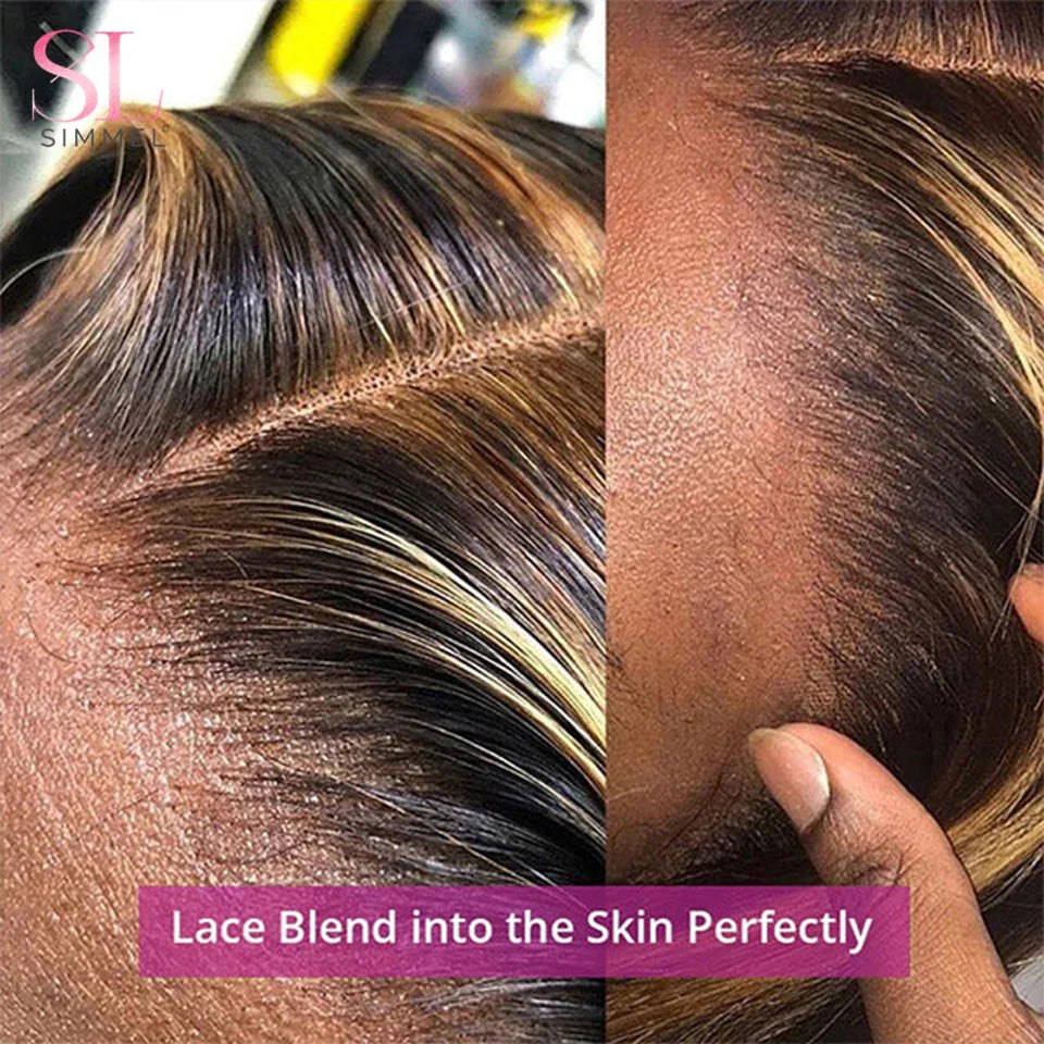 SIMMEL Ombre 4x4 Lace Closure Wig Highlight Colored Human Hair Wigs Highlight Brown Bob Wigs Straight Remy Hair 180 Density
