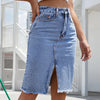 Women's Front Slit Blue Denim Skirt Pockets High Waist Slim Zipper Fly Midi Skirts 2023 Spring Female Casual Streetwear