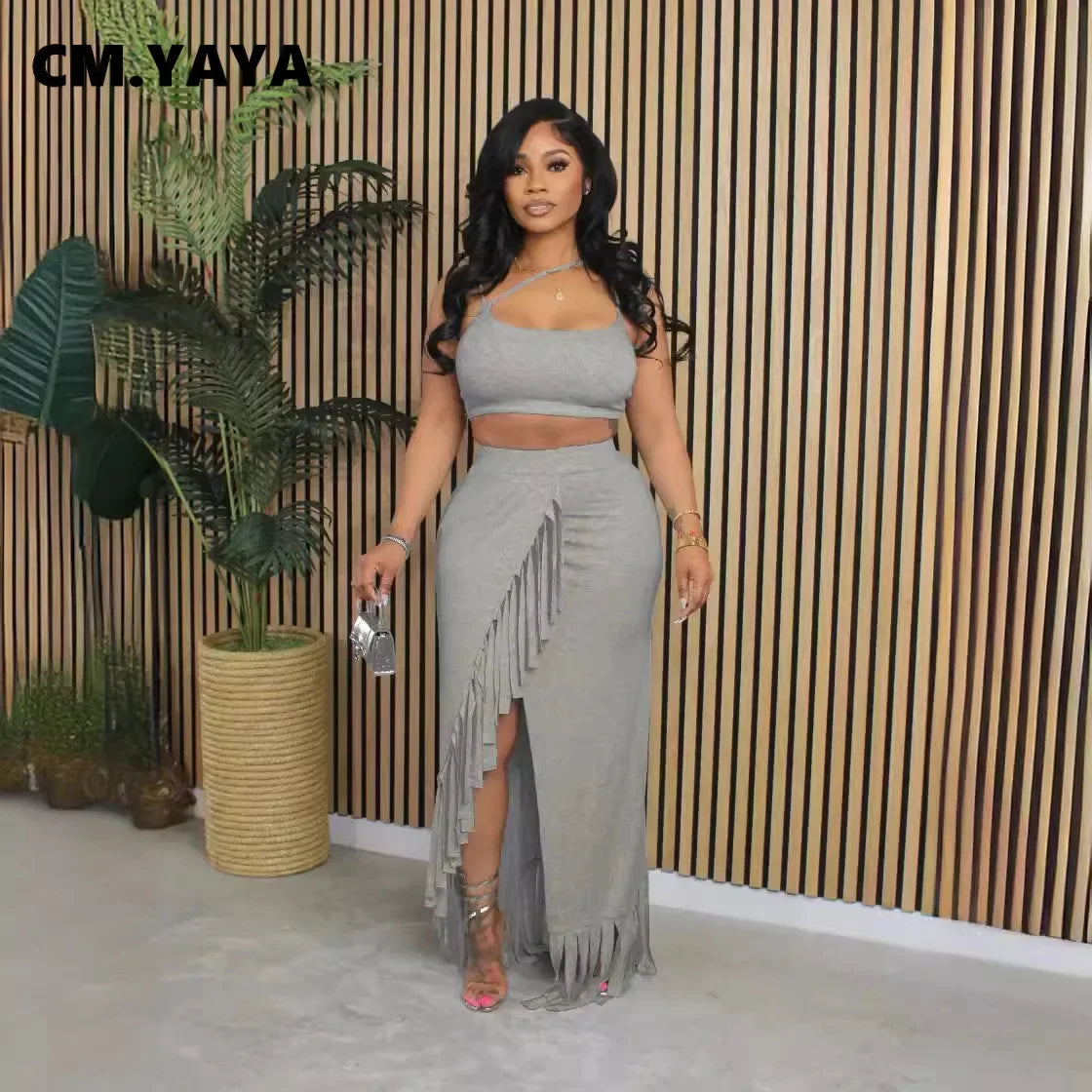 CM.YAYA Summer Women Sets Sleeveless Sexy Strap Crop Top and Tassel Long Skirt Sets Night Club Party Beach 2 Two Piece Sets