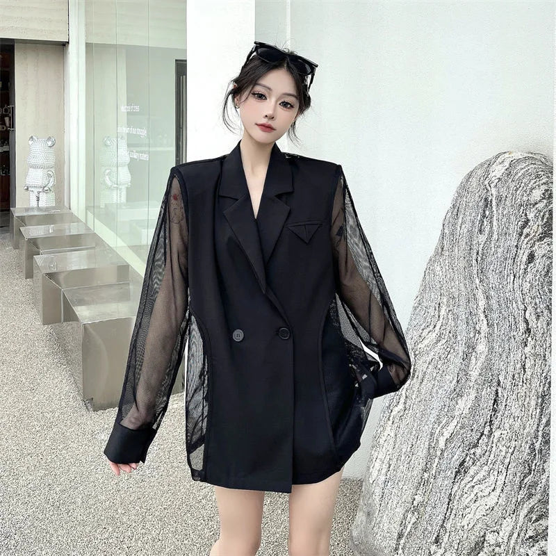Fashion Hollow Out Mesh Patchwork Blazer for Women Y2K Korean Chic Net Long Sleeves Loose Black Coat Gothic Casual Suit Jacket