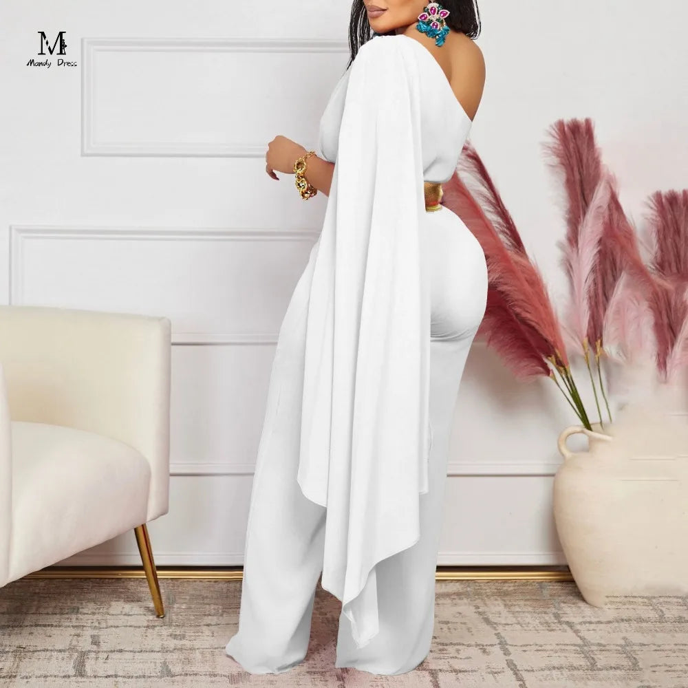 Elegant Women One Shoulder Jumpsuit with Belt Long Sleeve Spring Summer Plus Size One Piece Fashion Sexy Ladies Rompers 2024