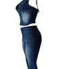HLJ&GG Blue Fashion Denim Halter Two Piece Sets Women Sleeveless Backless Slim Crop Top And Skinny Jean Pants Outfits Streetwear