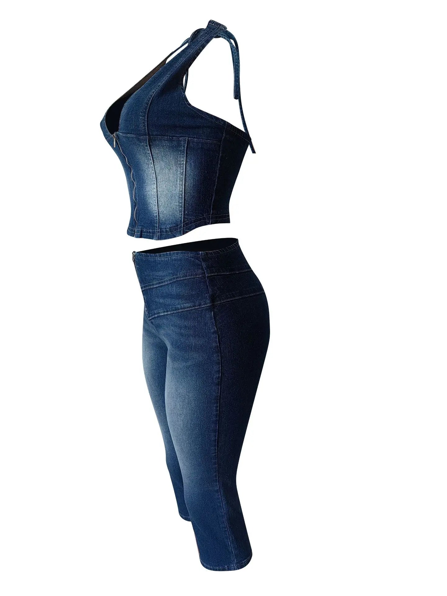 HLJ&GG Blue Fashion Denim Halter Two Piece Sets Women Sleeveless Backless Slim Crop Top And Skinny Jean Pants Outfits Streetwear