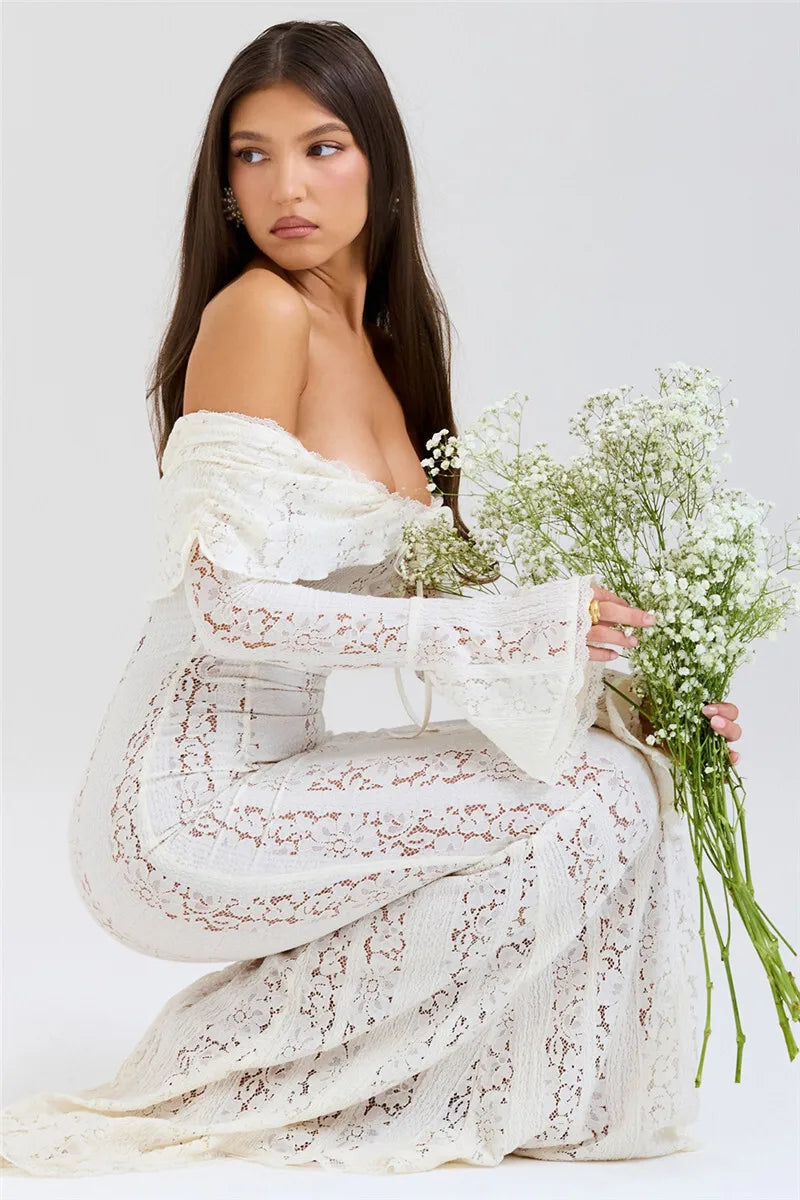Mozision Floral Lace Off-shoulder Maxi Dress For Women White Strapless Backless Long Sleeve Bodycon Club Party Sexy Long Dress