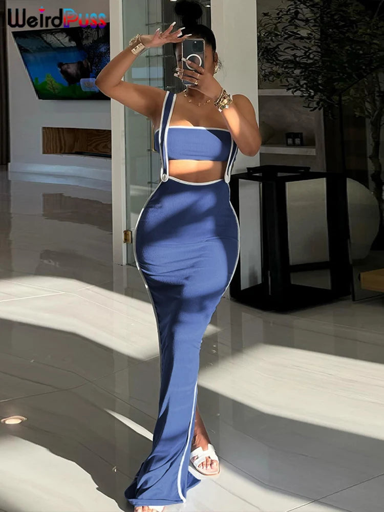 Weird Puss Summer Trend 2 Piece Set Women White Edging Strapless Tops+Shoulder Straps Dress Stretch Matching Streetwear Outfits