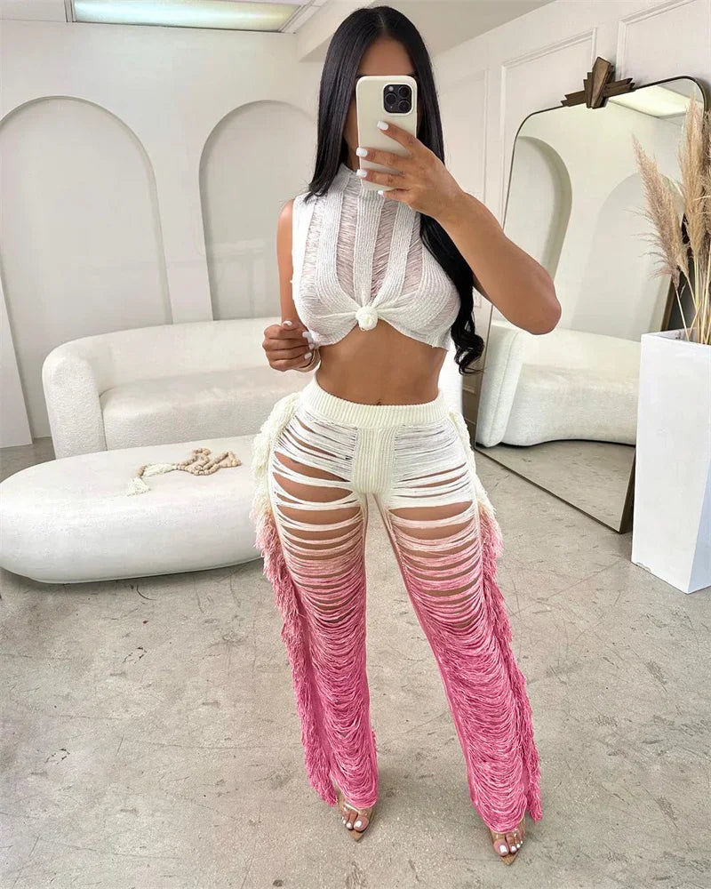 Gradient Color Crochet Two Piece Set for Women Summer Beach Crop Top and Wide Leg Pants Tassel Hollow Out Hole Vacation Outfits