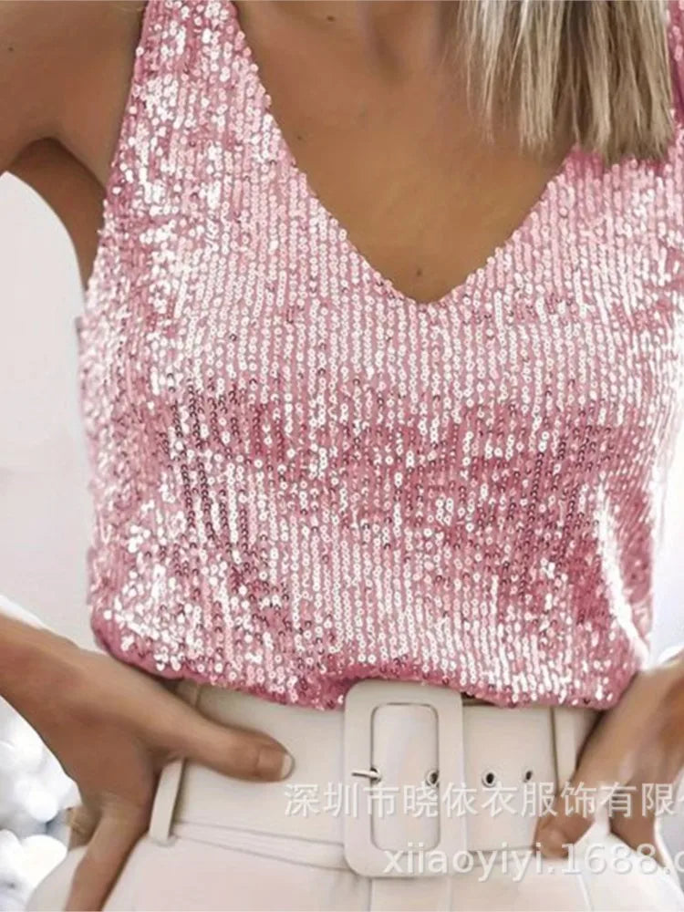 Women's Summer New Item Solid Color Fashion Sequin Light Mature Sexy V-neck Sleeveless Camisole Vest Pullover Top
