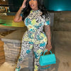 Joskaa Colorful Print Sporty Jumpsuit Women Hipster O-Neck Short Sleeve Skinny Rompers 2025 Summer Fashion Overalls Streetwear