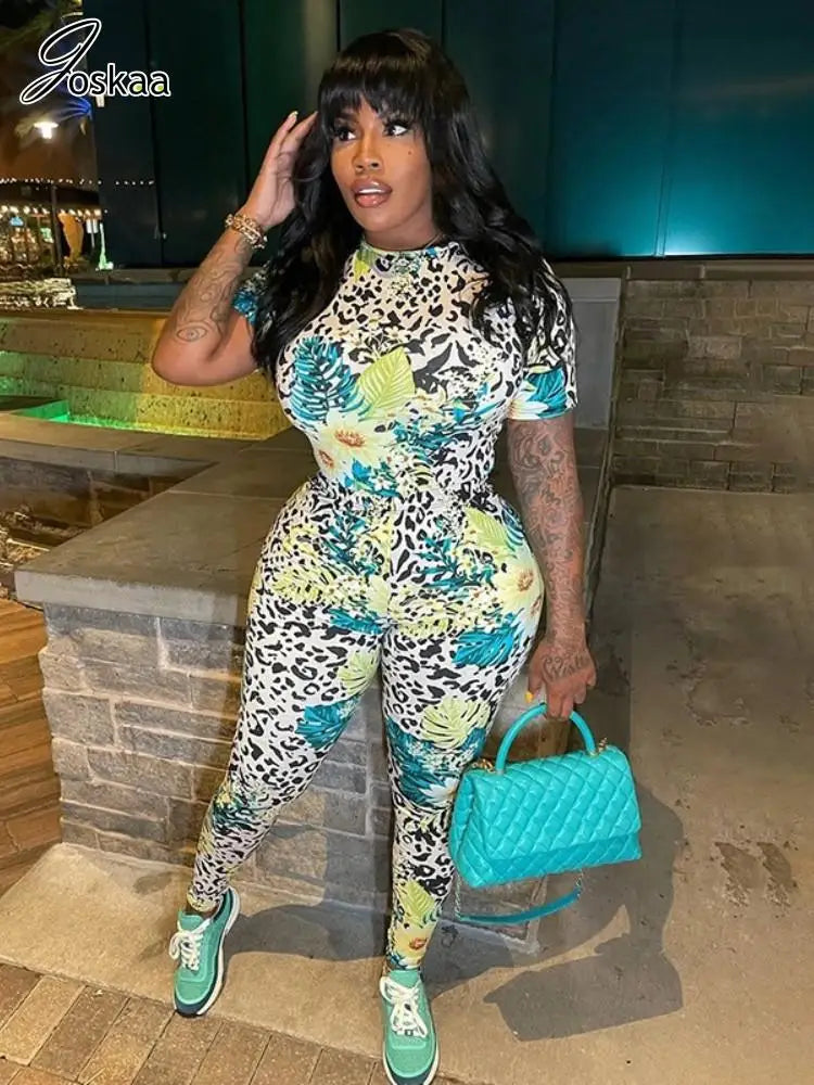 Joskaa Colorful Print Sporty Jumpsuit Women Hipster O-Neck Short Sleeve Skinny Rompers 2025 Summer Fashion Overalls Streetwear