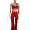 2022 Summer Women 2 Piece Set Floral Bra Tops and High Side Split Lace Up Wide Leg Pants Set Sweatsuit Tracksuit Outfits
